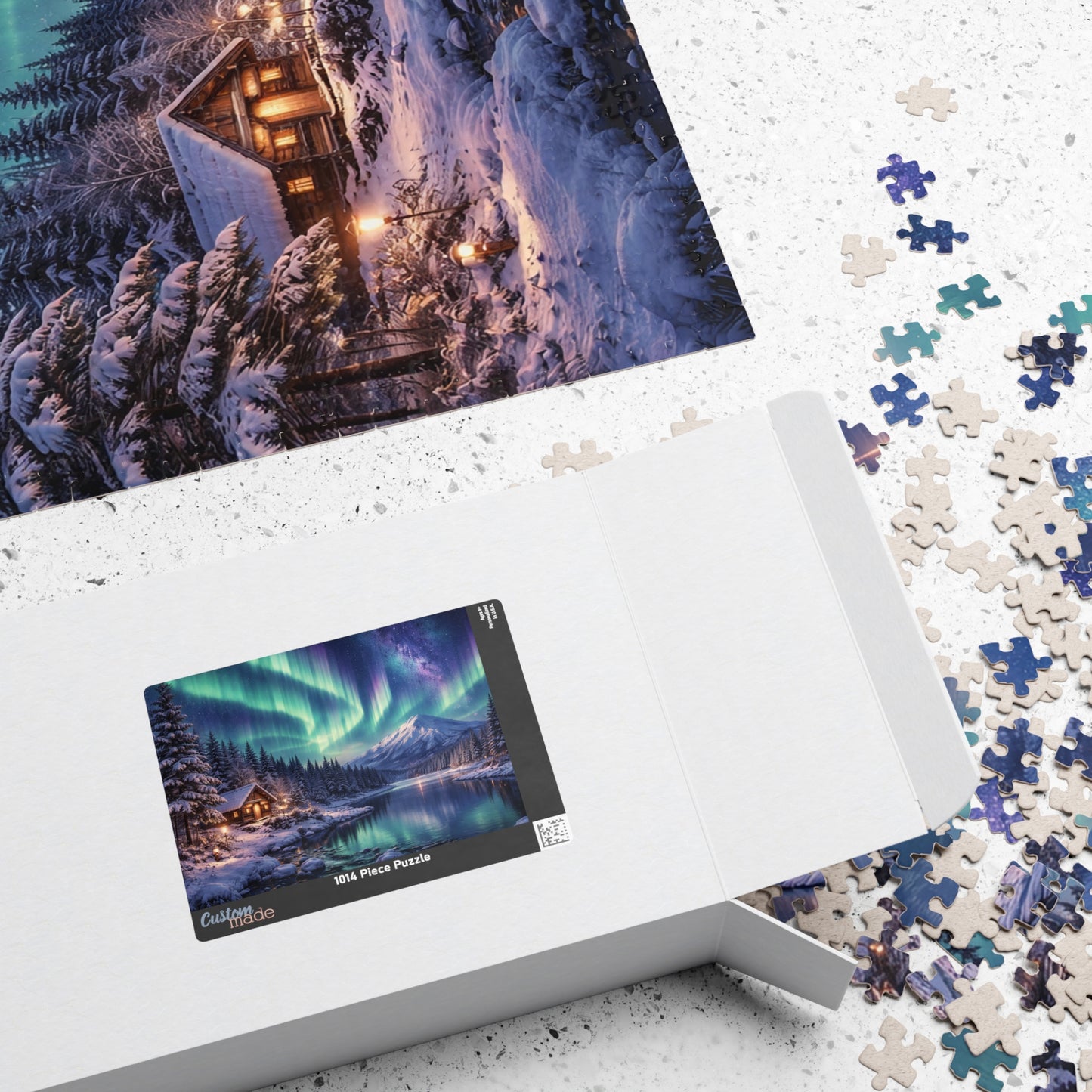 Northern Lights Cabin Puzzle | Aurora Borealis Lake Scene 520-piece
