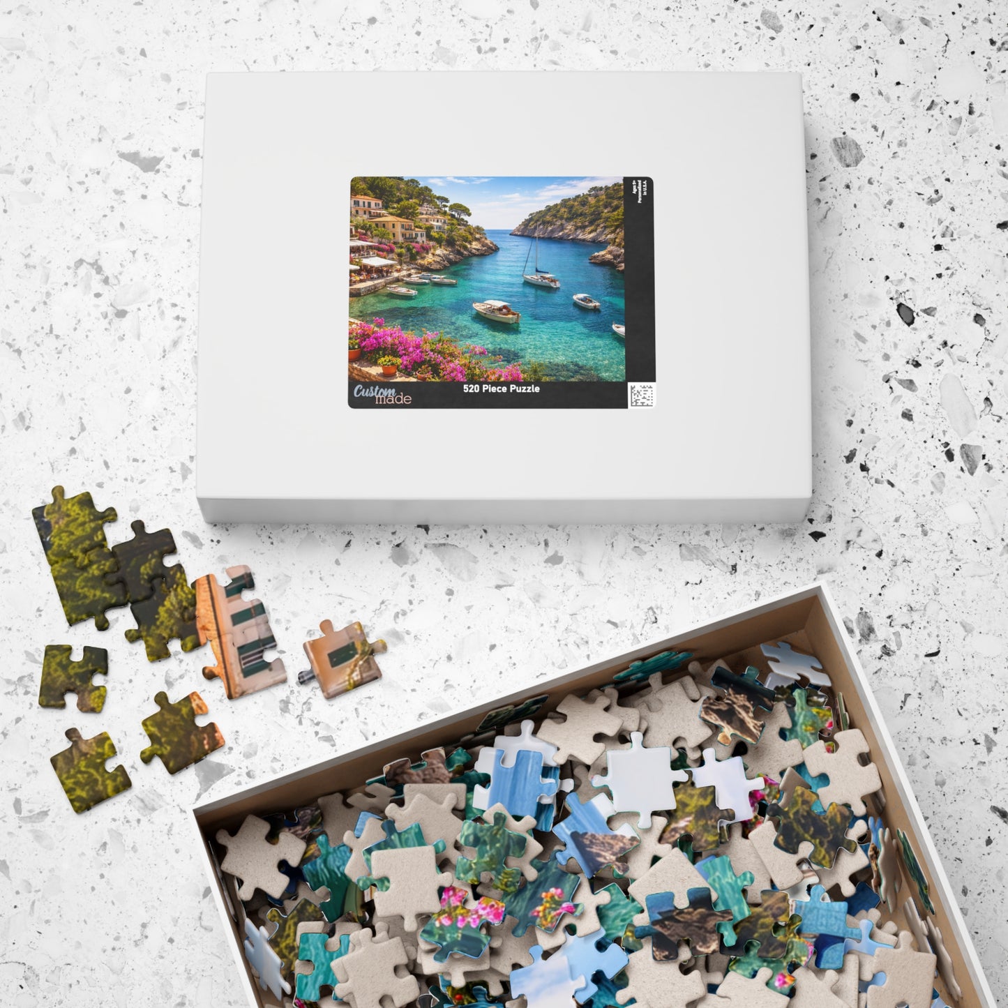 Mediterranean Cove Boats Puzzle | Turquoise Bay Coastal Village Jigsaw