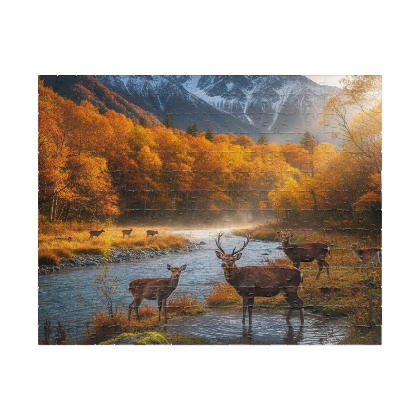 Autumn Mountain Deer Puzzle 520 Piece | Scenic River Forest Jigsaw