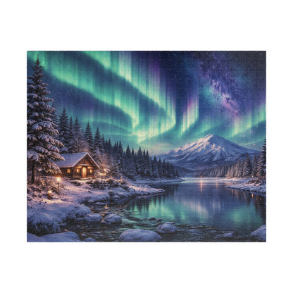 Northern Lights Cabin Puzzle | Aurora Borealis Lake Scene 520-piece
