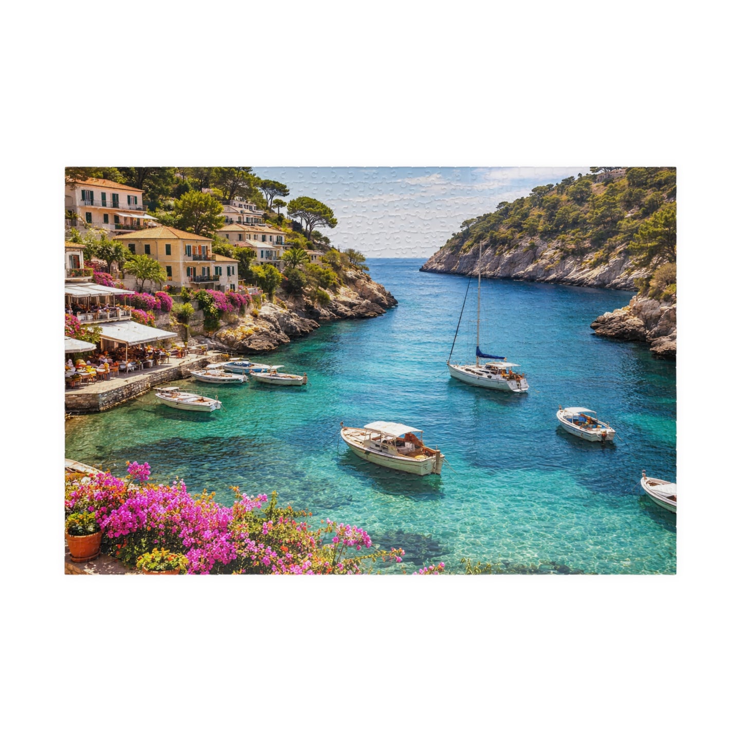 Mediterranean Cove Boats Puzzle | Turquoise Bay Coastal Village Jigsaw