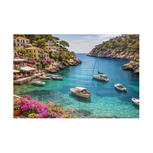 Mediterranean Cove Boats Puzzle | Turquoise Bay Coastal Village Jigsaw