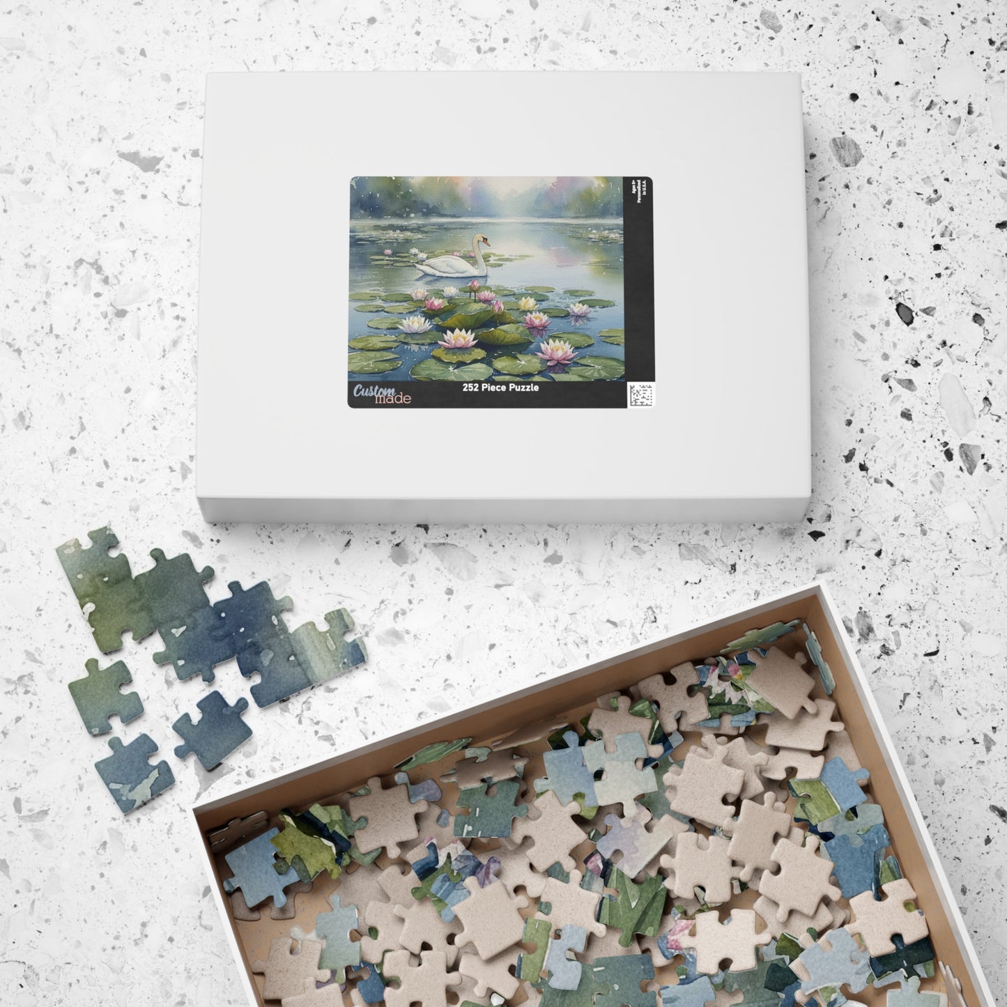 Swan on Lily Pond Puzzle | 520 Piece Jigsaw, Watercolor Swan Scene