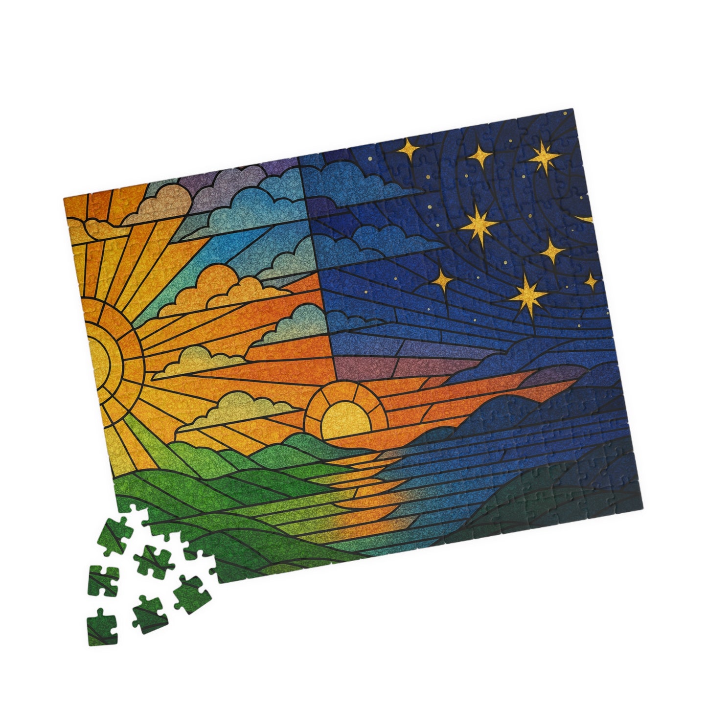 Sun and Moon Landscape Puzzle | Day Night Stained Glass 520-Piece Jigsaw
