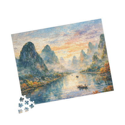 Misty Karst River Sunrise Puzzle | Watercolor Landscape Jigsaw