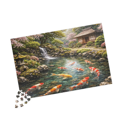Premium Japanese Koi Pond Garden Puzzle - Cherry Blossoms Teahouse & Waterfall Landscape Jigsaw