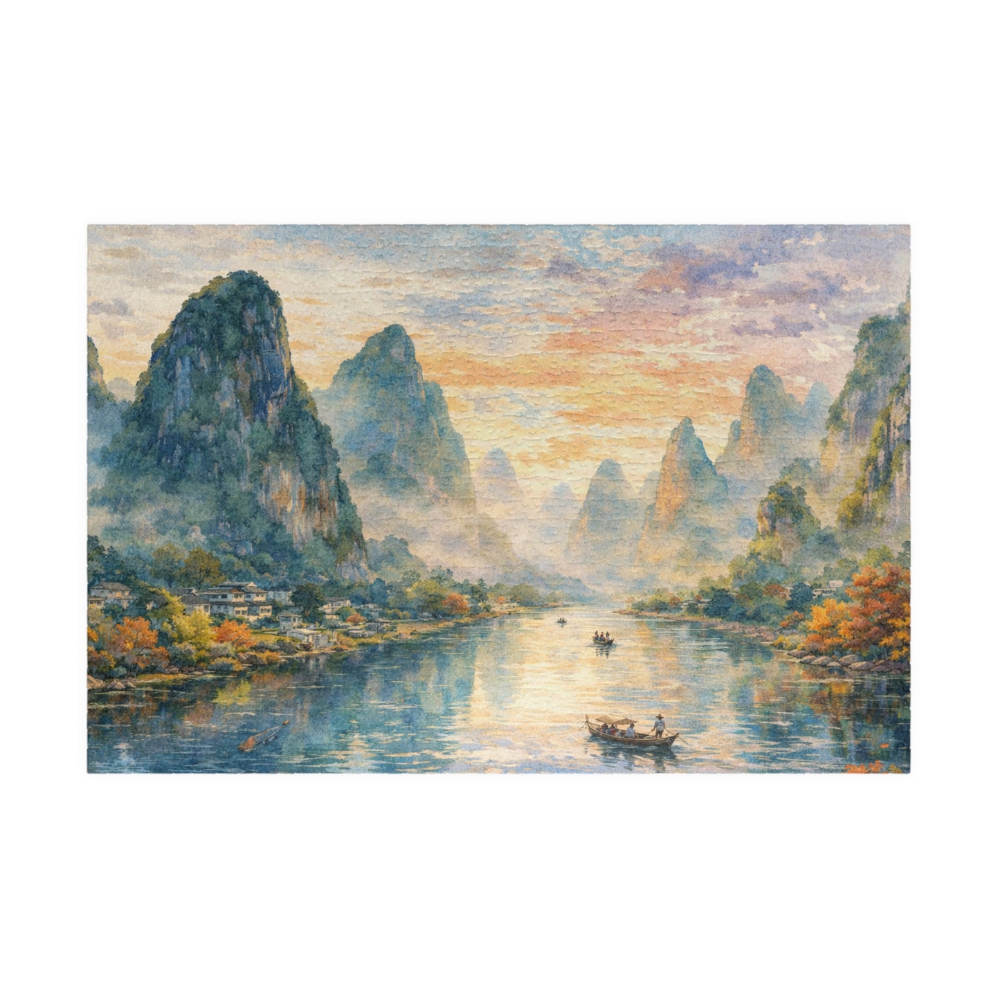 Misty Karst River Sunrise Puzzle | Watercolor Landscape Jigsaw