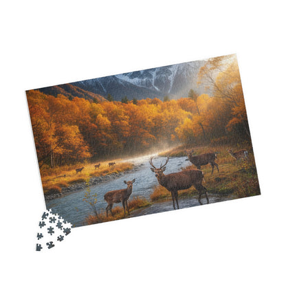 Autumn Mountain Deer Puzzle 520 Piece | Scenic River Forest Jigsaw