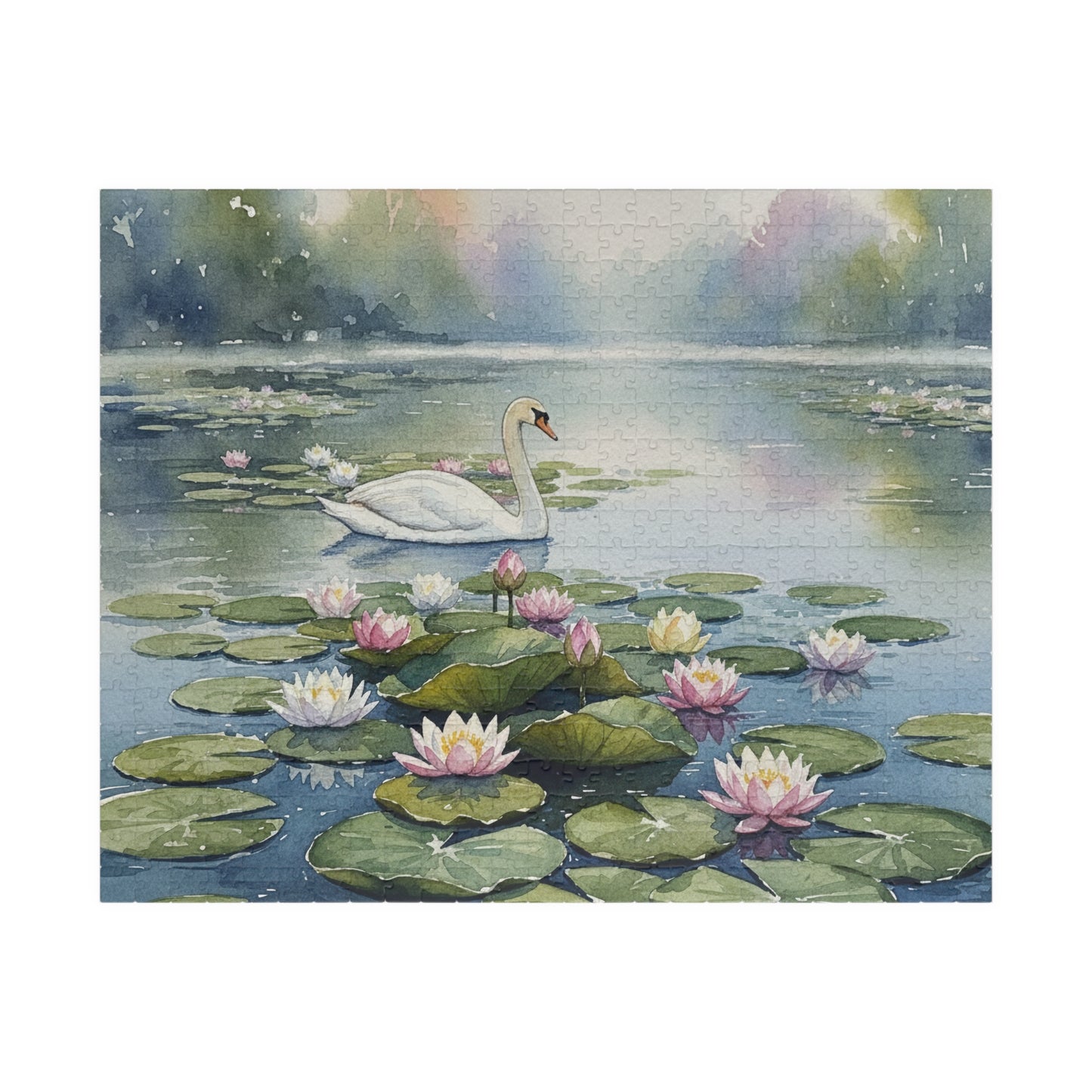 Swan on Lily Pond Puzzle | 520 Piece Jigsaw, Watercolor Swan Scene