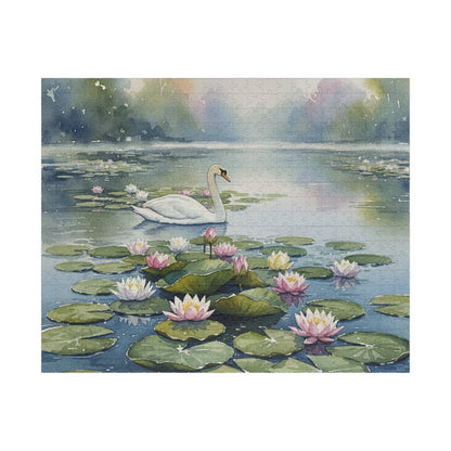 Swan on Lily Pond Puzzle | 520 Piece Jigsaw, Watercolor Swan Scene