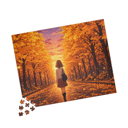 Golden Ginkgo Walk at Sunset Puzzle | Anime Autumn Avenue Jigsaw