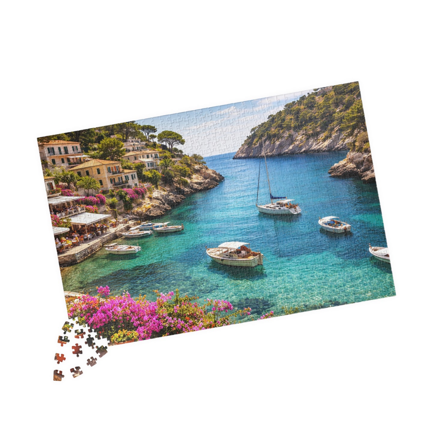 Mediterranean Cove Boats Puzzle | Turquoise Bay Coastal Village Jigsaw