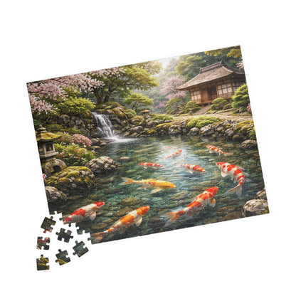 Premium Japanese Koi Pond Garden Puzzle - Cherry Blossoms Teahouse & Waterfall Landscape Jigsaw