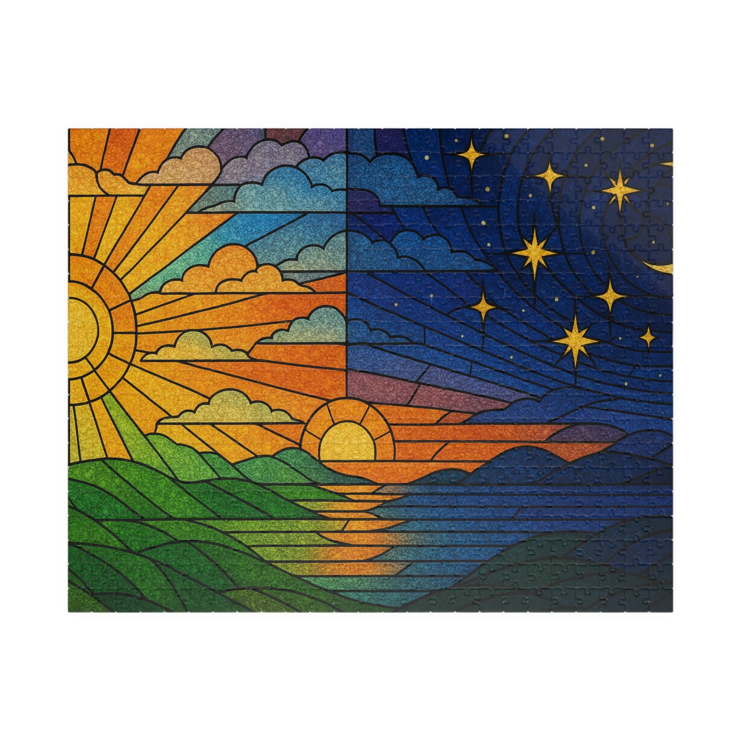 Sun and Moon Landscape Puzzle | Day Night Stained Glass 520-Piece Jigsaw
