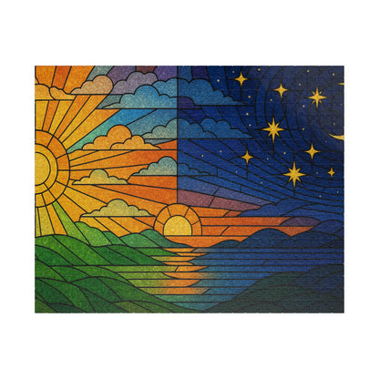 Sun and Moon Landscape Puzzle | Day Night Stained Glass 520-Piece Jigsaw