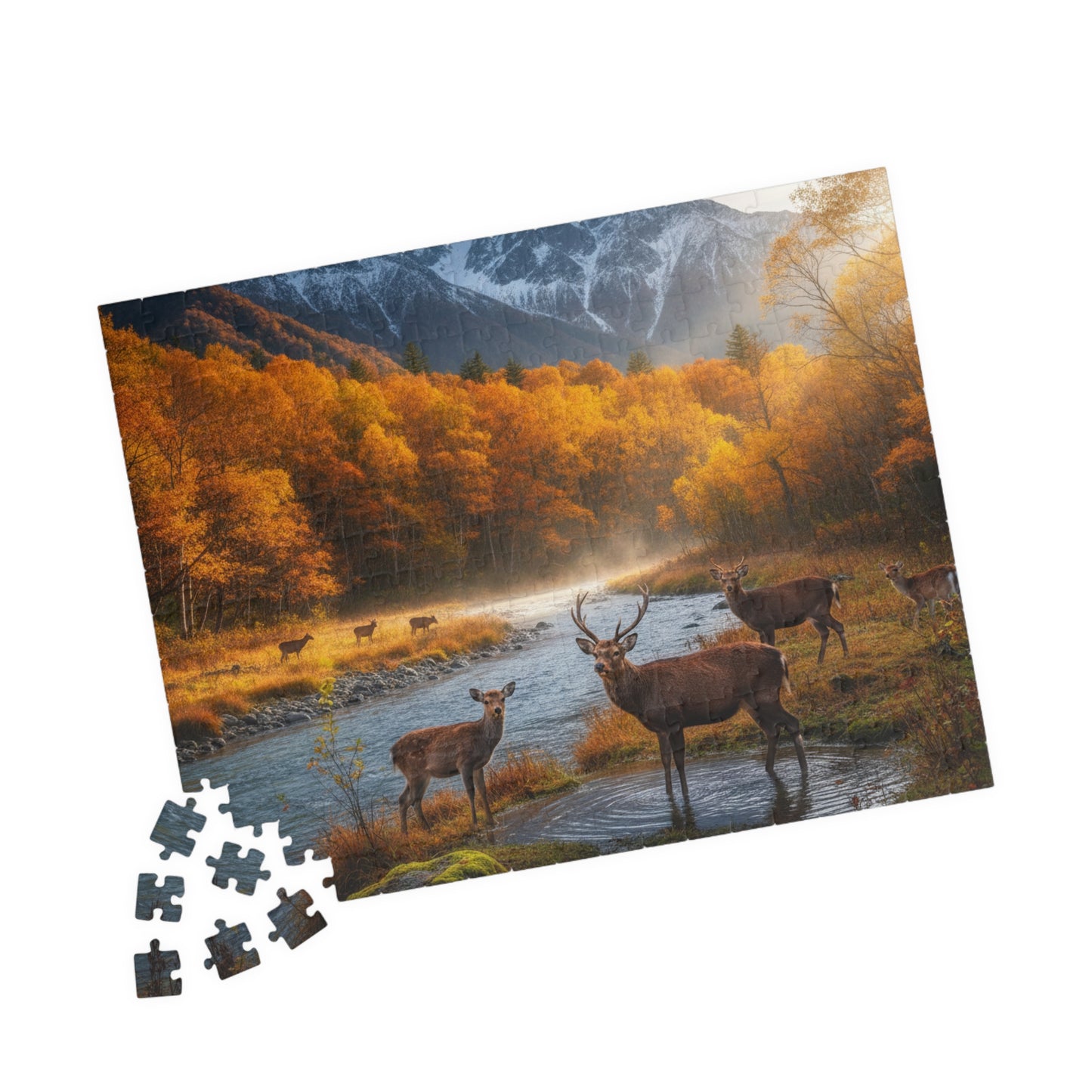 Autumn Mountain Deer Puzzle 520 Piece | Scenic River Forest Jigsaw