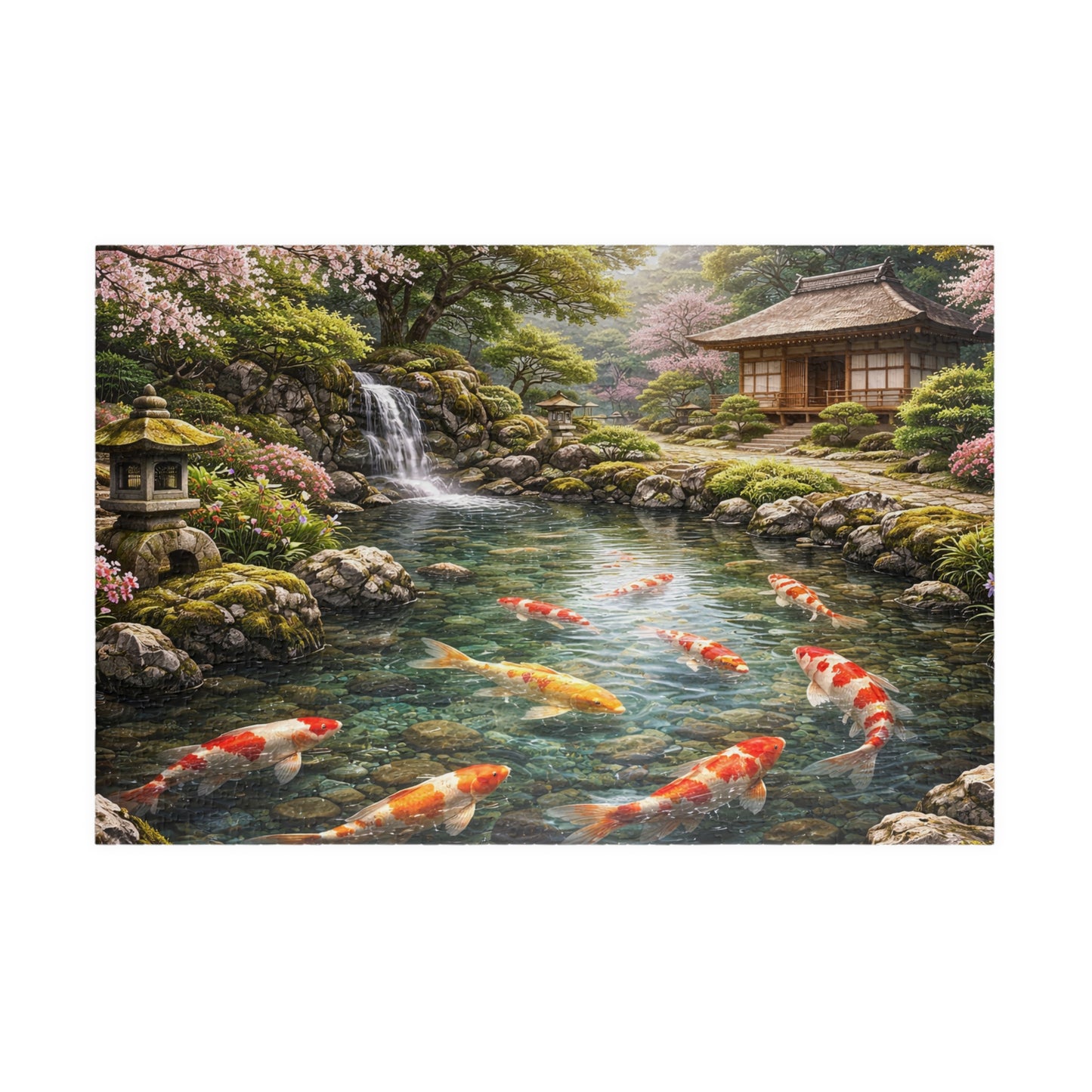 Premium Japanese Koi Pond Garden Puzzle - Cherry Blossoms Teahouse & Waterfall Landscape Jigsaw