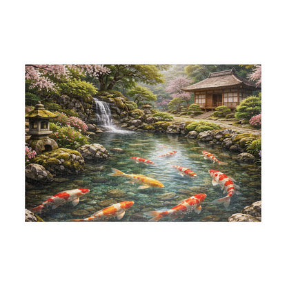 Premium Japanese Koi Pond Garden Puzzle - Cherry Blossoms Teahouse & Waterfall Landscape Jigsaw