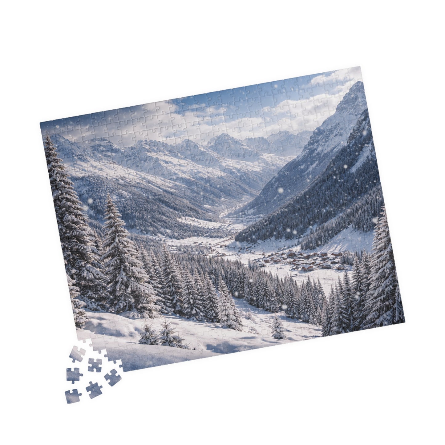 Alpine Snowfall Valley Puzzle | Winter Mountain Panorama Jigsaw