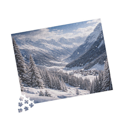 Alpine Snowfall Valley Puzzle | Winter Mountain Panorama Jigsaw
