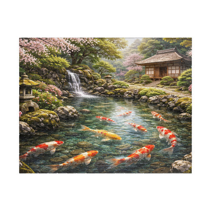 Premium Japanese Koi Pond Garden Puzzle - Cherry Blossoms Teahouse & Waterfall Landscape Jigsaw