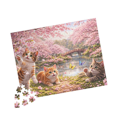 Sakura Kittens by the River Puzzle | Cherry Blossom Cats & Butterflies Spring Jigsaw