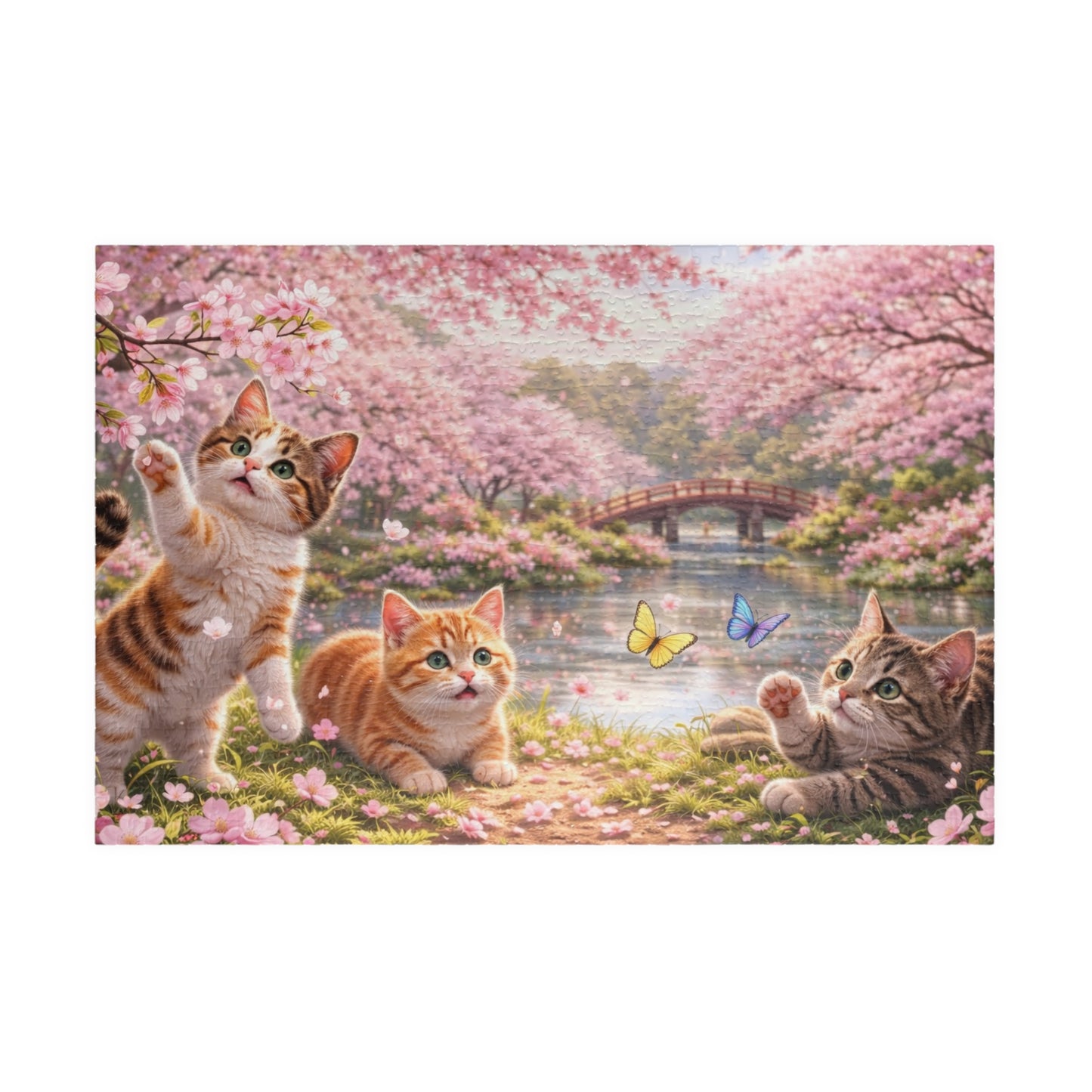 Sakura Kittens by the River Puzzle | Cherry Blossom Cats & Butterflies Spring Jigsaw