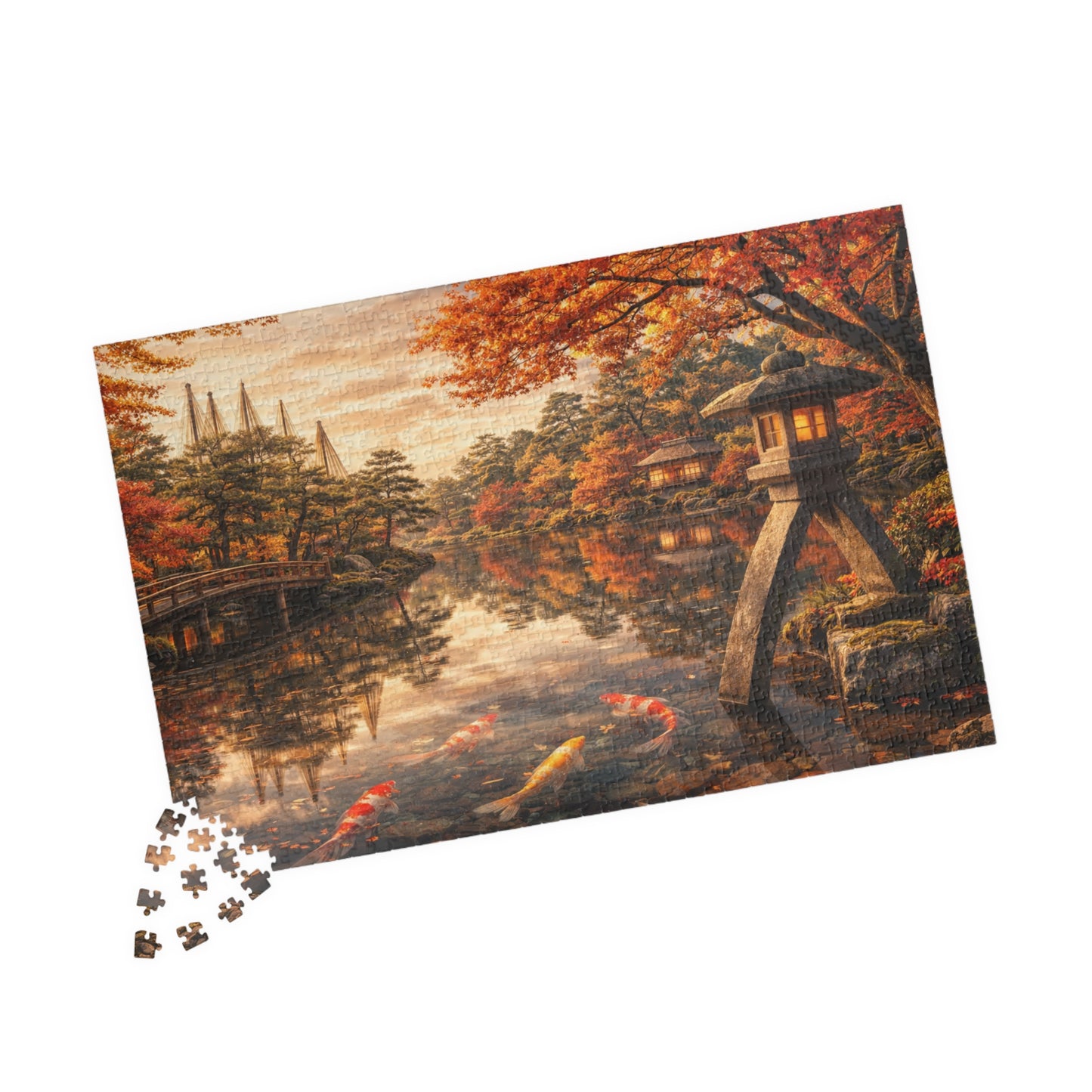 Autumn Koi Pond Puzzle  Japanese Garden, Stone Lantern & Maple Reflections  520 or 1014 Piece Scenic Jigsaw