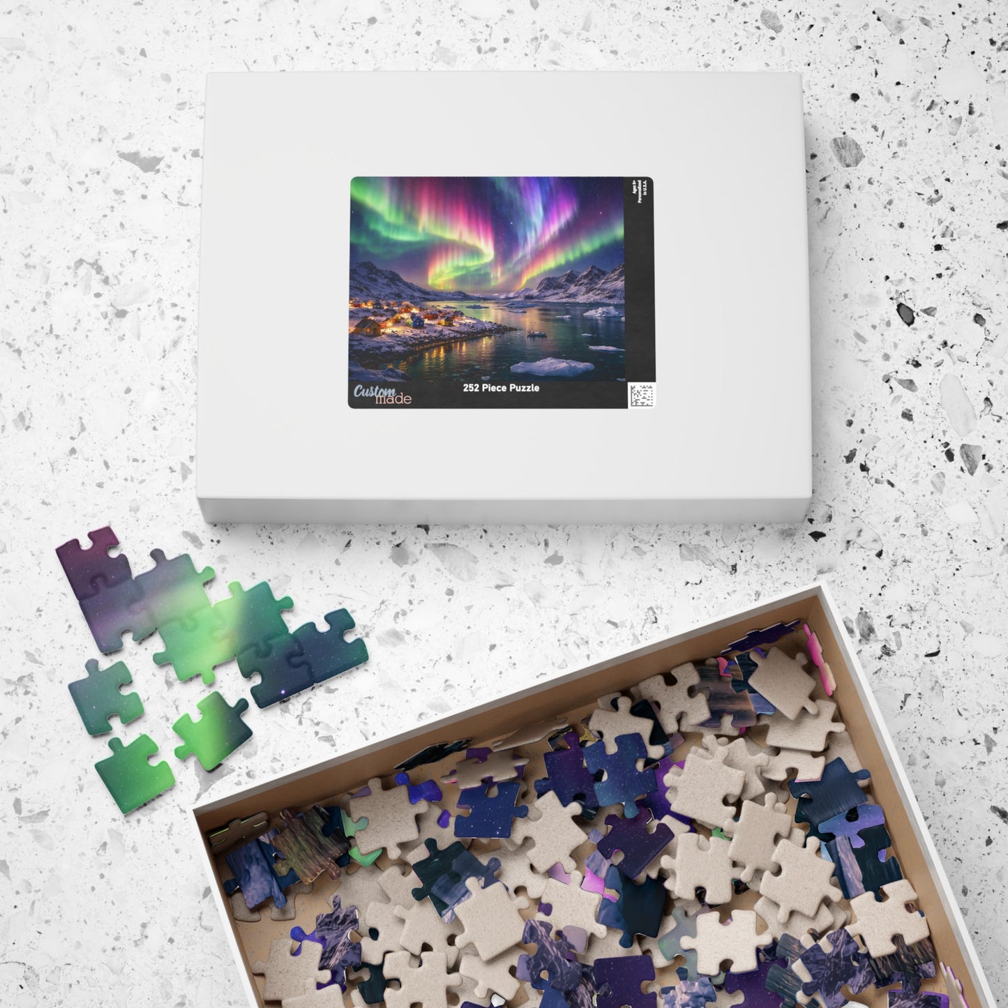 Rainbow Aurora Over Greenland Fjord Puzzle | Northern Lights Arctic Village Jigsaw