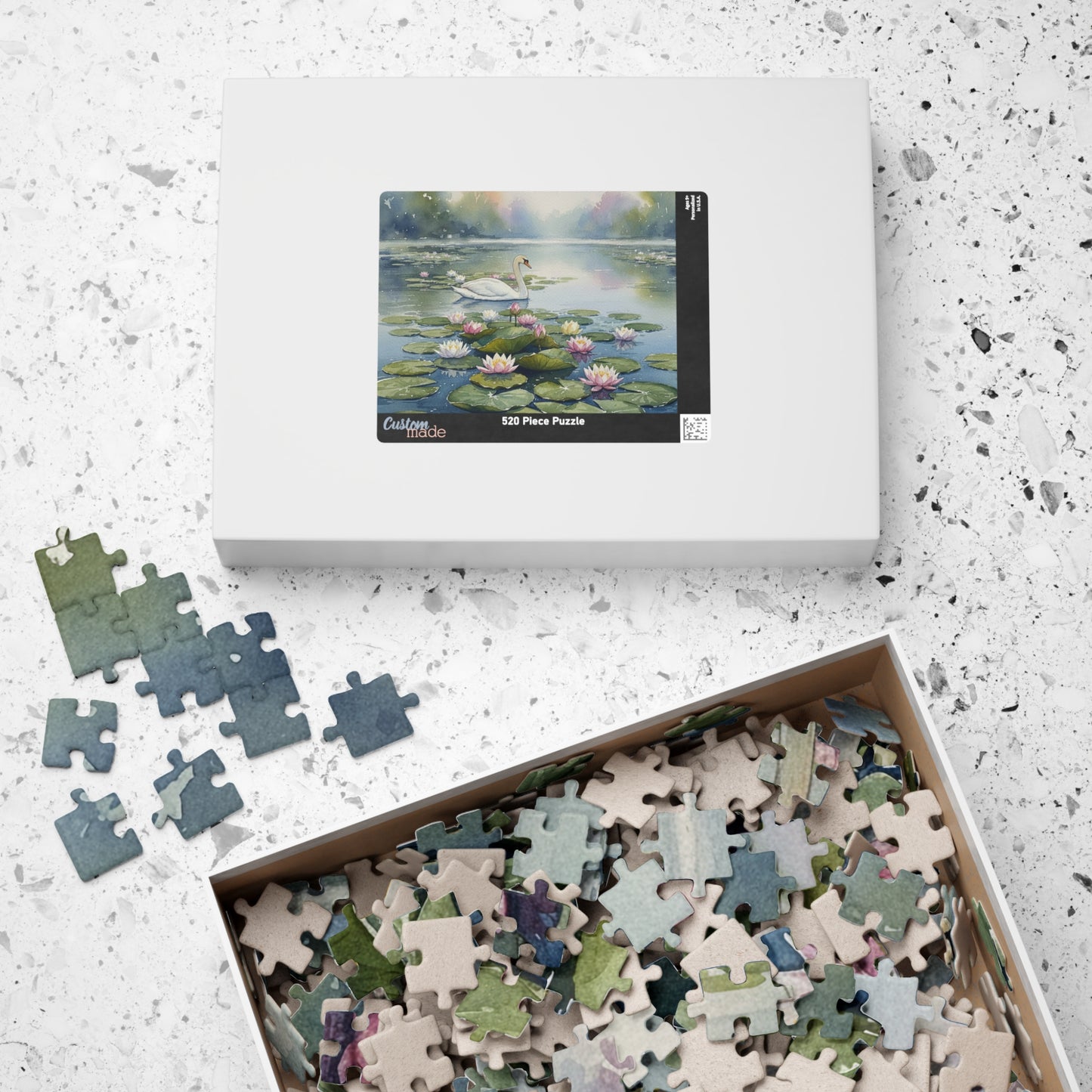 Swan on Lily Pond Puzzle | 520 Piece Jigsaw, Watercolor Swan Scene