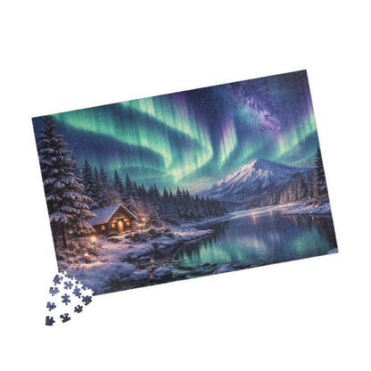 Northern Lights Cabin Puzzle | Aurora Borealis Lake Scene 520-piece