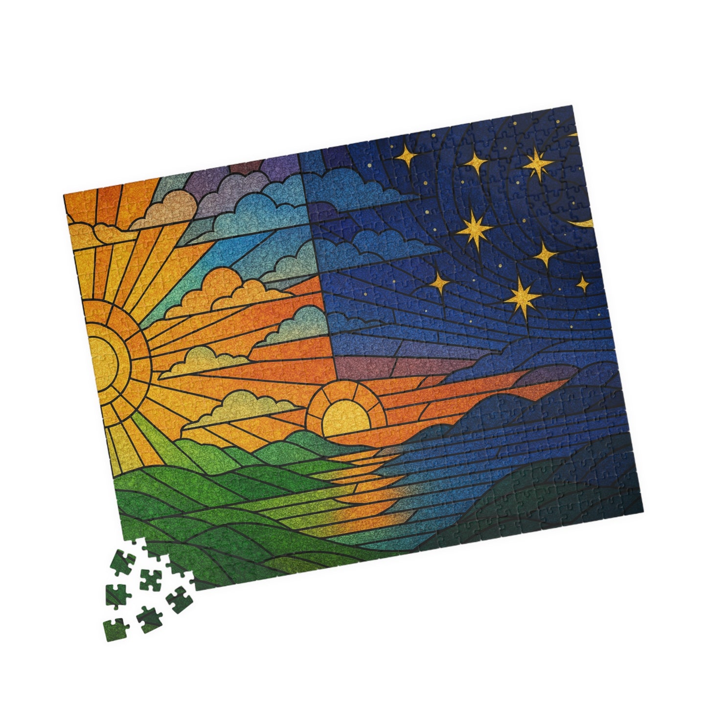 Sun and Moon Landscape Puzzle | Day Night Stained Glass 520-Piece Jigsaw