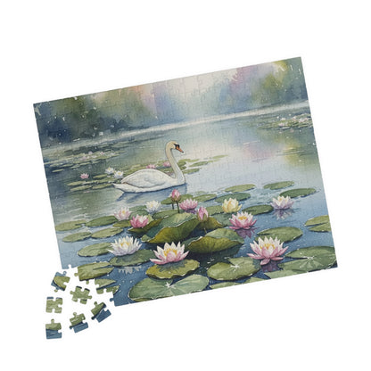 Swan on Lily Pond Puzzle | 520 Piece Jigsaw, Watercolor Swan Scene