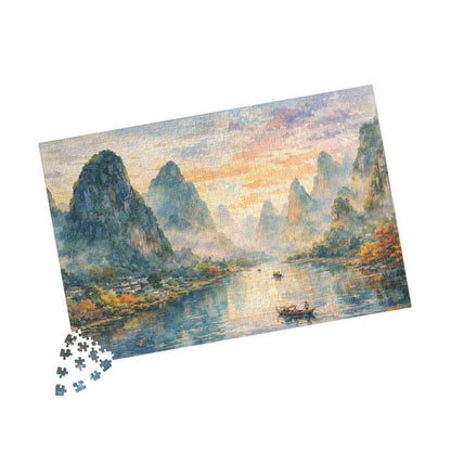 Misty Karst River Sunrise Puzzle | Watercolor Landscape Jigsaw