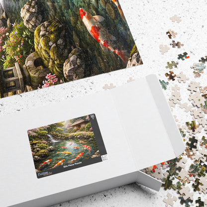 Premium Japanese Koi Pond Garden Puzzle - Cherry Blossoms Teahouse & Waterfall Landscape Jigsaw