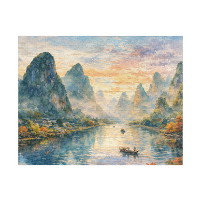 Misty Karst River Sunrise Puzzle | Watercolor Landscape Jigsaw