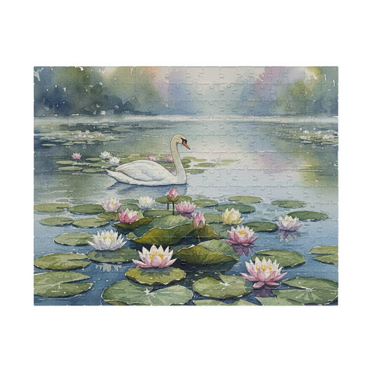 Swan on Lily Pond Puzzle | 520 Piece Jigsaw, Watercolor Swan Scene
