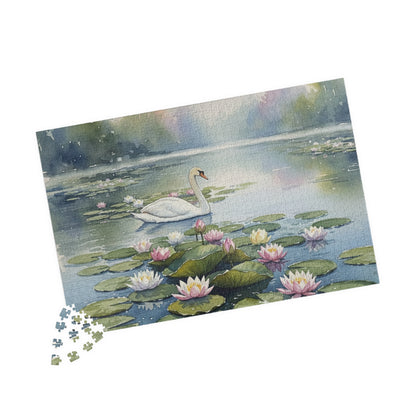 Swan on Lily Pond Puzzle | 520 Piece Jigsaw, Watercolor Swan Scene