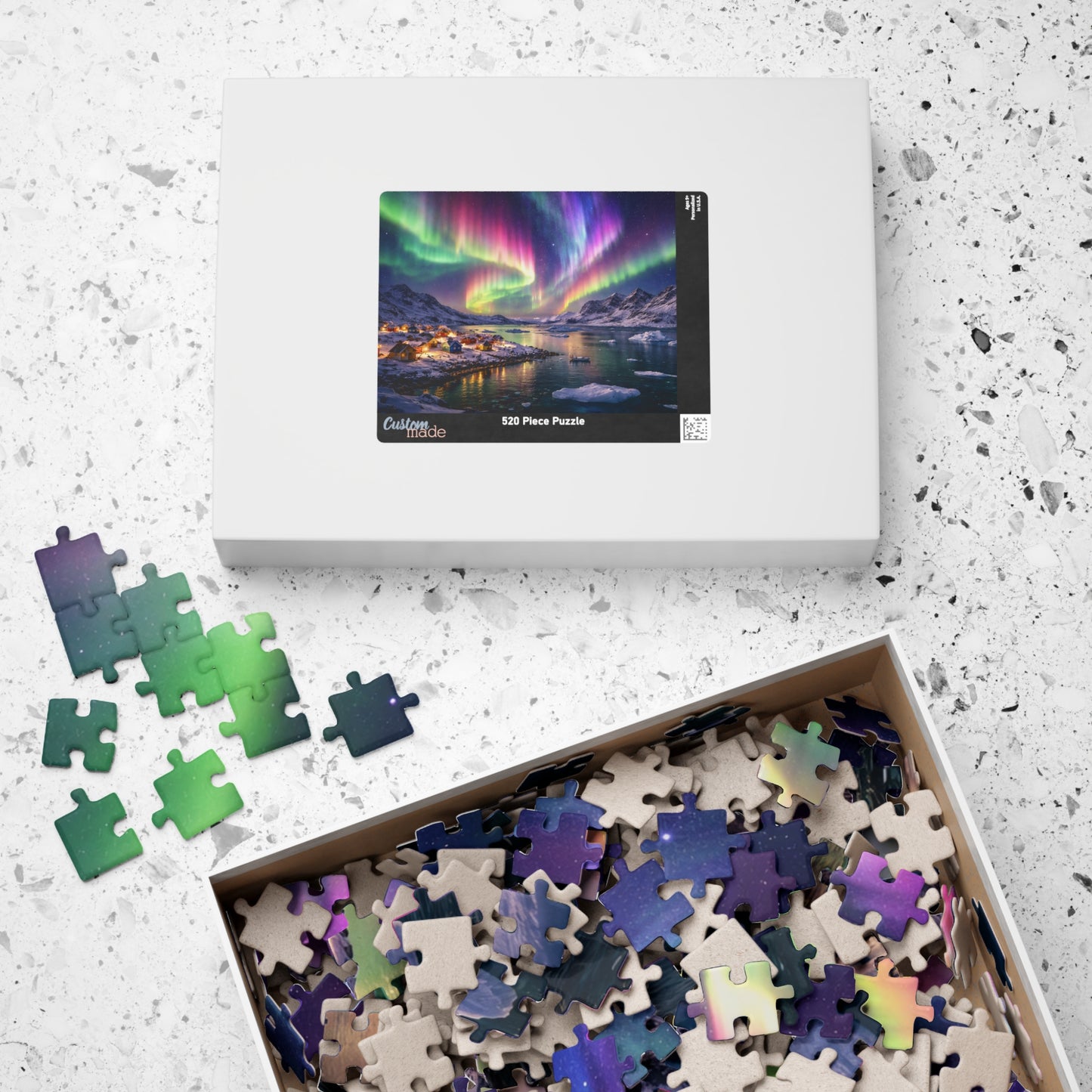 Rainbow Aurora Over Greenland Fjord Puzzle | Northern Lights Arctic Village Jigsaw