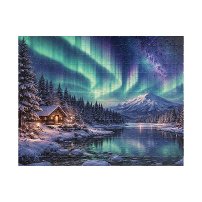 Northern Lights Cabin Puzzle | Aurora Borealis Lake Scene 520-piece