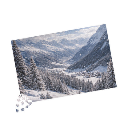 Alpine Snowfall Valley Puzzle | Winter Mountain Panorama Jigsaw