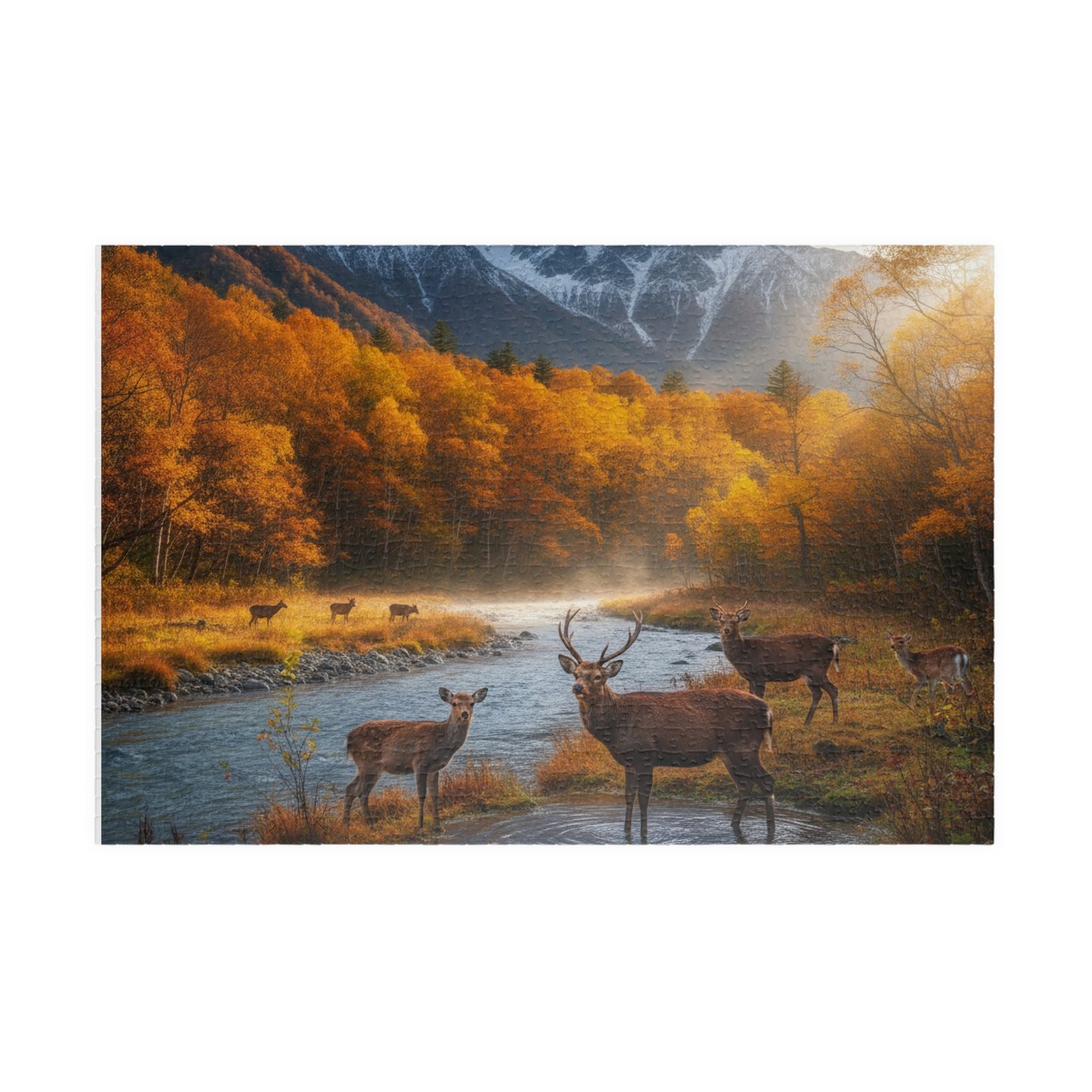 Autumn Mountain Deer Puzzle 520 Piece | Scenic River Forest Jigsaw