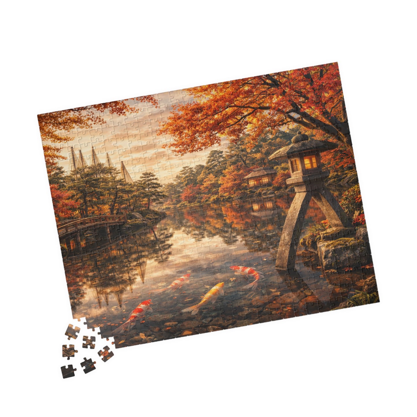 Autumn Koi Pond Puzzle  Japanese Garden, Stone Lantern & Maple Reflections  520 or 1014 Piece Scenic Jigsaw