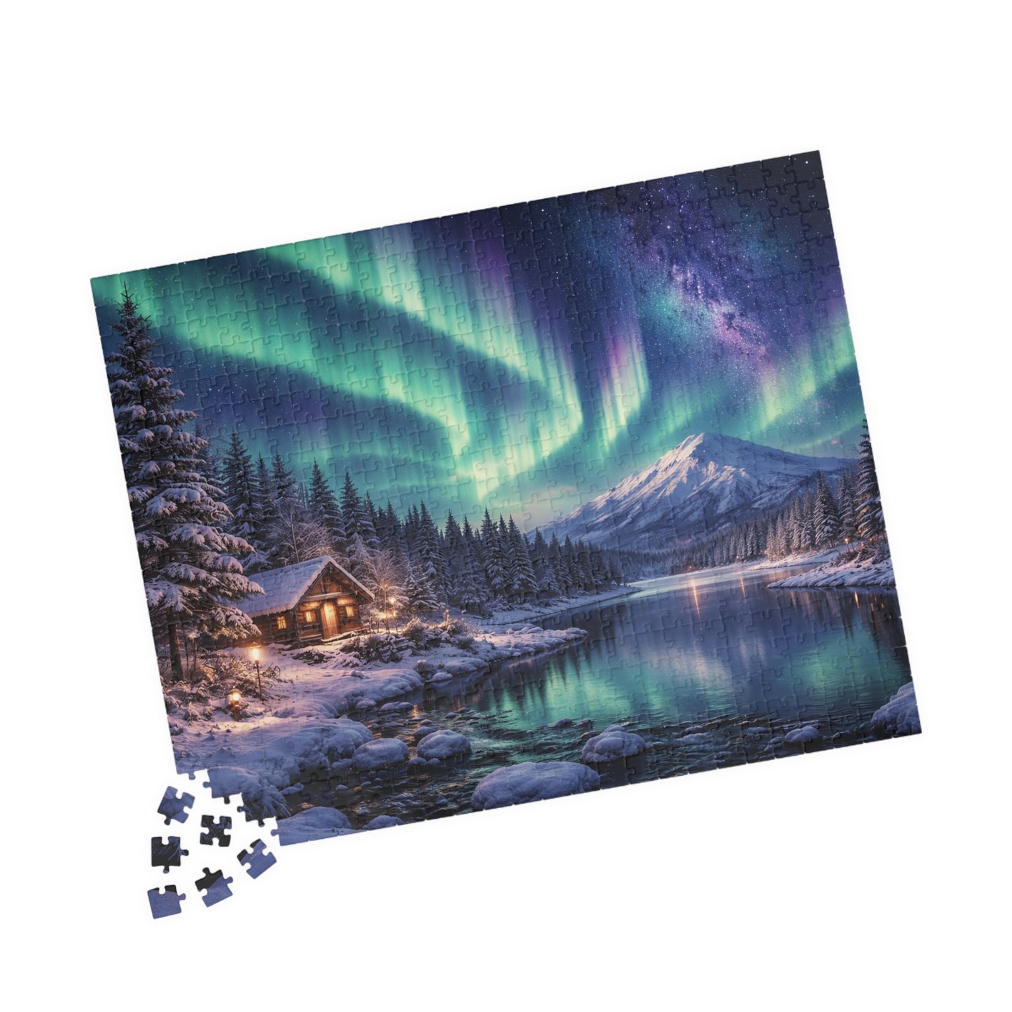 Northern Lights Cabin Puzzle | Aurora Borealis Lake Scene 520-piece