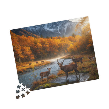 Autumn Mountain Deer Puzzle 520 Piece | Scenic River Forest Jigsaw