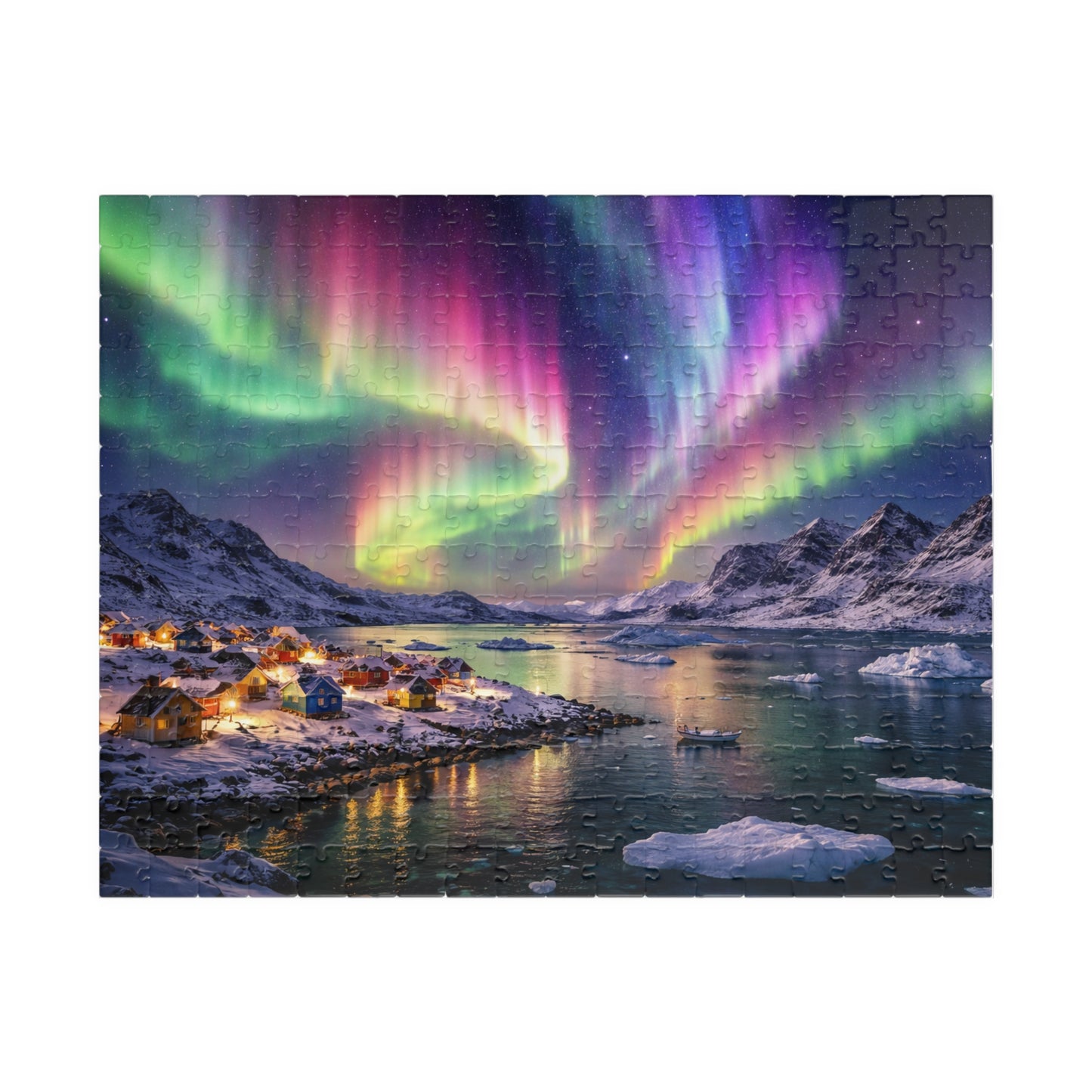 Rainbow Aurora Over Greenland Fjord Puzzle | Northern Lights Arctic Village Jigsaw