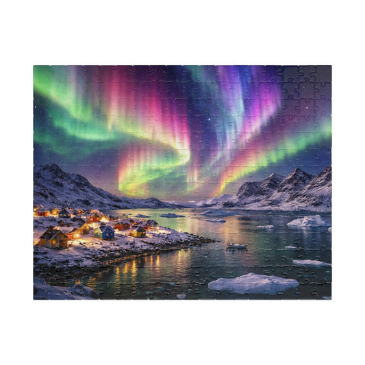 Rainbow Aurora Over Greenland Fjord Puzzle | Northern Lights Arctic Village Jigsaw