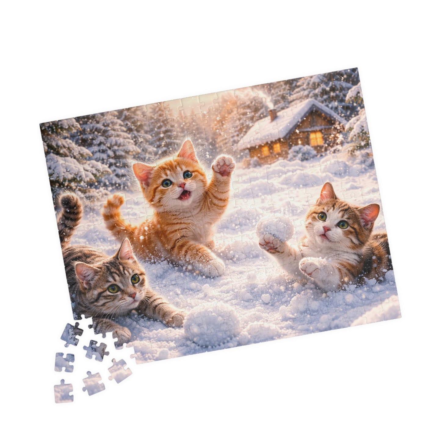 Snowy Kittens at the Cozy Cabin Puzzle  Winter Cats Jigsaw 110 - 1014 Pieces