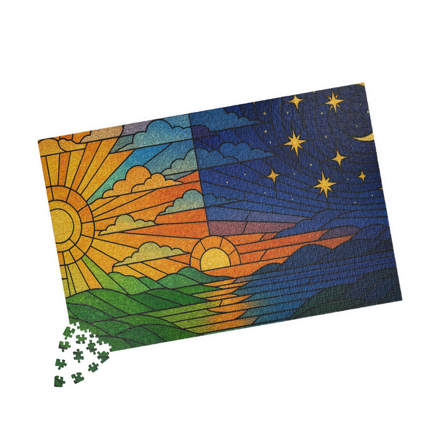 Sun and Moon Landscape Puzzle | Day Night Stained Glass 520-Piece Jigsaw