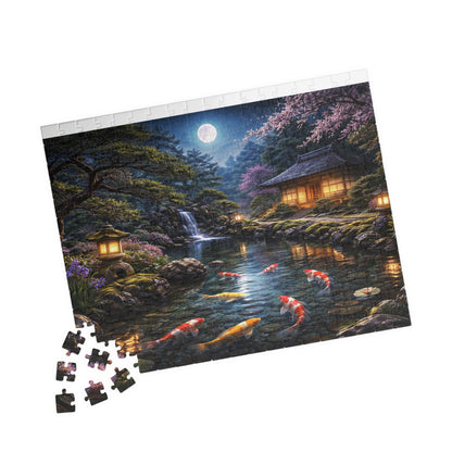 Moonlit Koi Pond Puzzle  Japanese Garden Night, Lanterns Waterfall & Sakura  110-1000 Piece Jigsaw